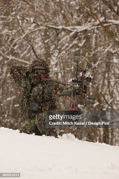male bowhunter draws bow in snow while deer hunting - bow hunting stock pictures, royalty-free photos & images