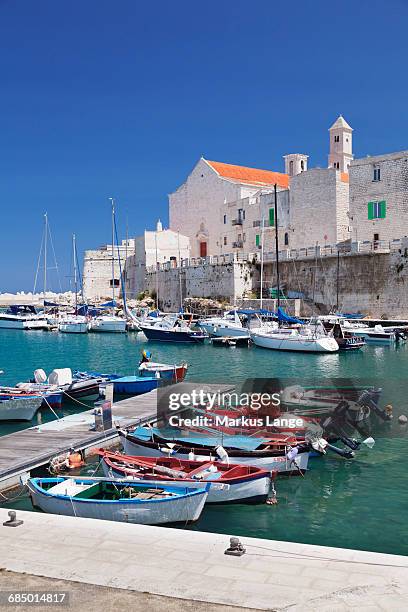 fishing boats at the harbour, old town with cathedral, giovinazzo, bari district, puglia, italy, europe - giovinazzo stock pictures, royalty-free photos & images
