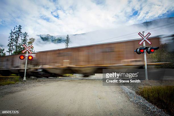 train speeding through railroad crossing - level crossing stock pictures, royalty-free photos & images