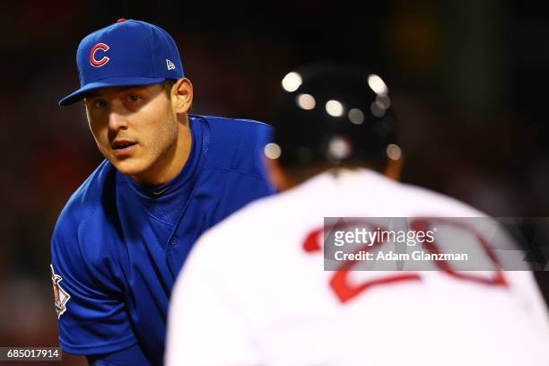 Anthony Rizzo of the Chicago Cubs looks on during a game against the Boston Red Sox at Fenway Park on April 30, 2017 in Boston, Massachusetts.