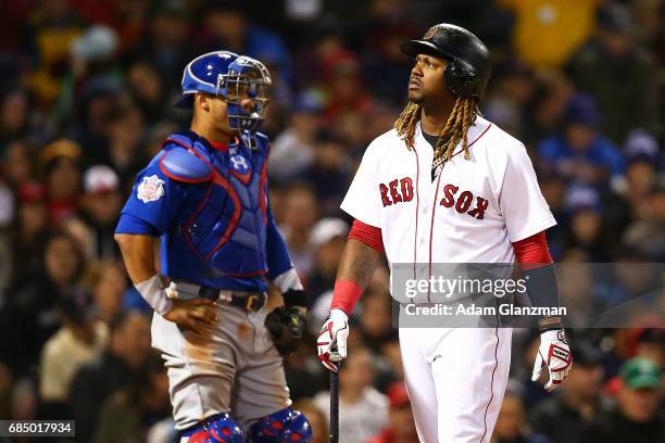 Hanley Ramirez of the Boston Red Sox looks on during a game against the Chicago Cubs at Fenway Park on April 30, 2017 in Boston, Massachusetts.