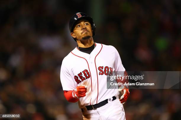 Mookie Betts of the Boston Red Sox looks on during a game against the Chicago Cubs at Fenway Park on April 30, 2017 in Boston, Massachusetts.