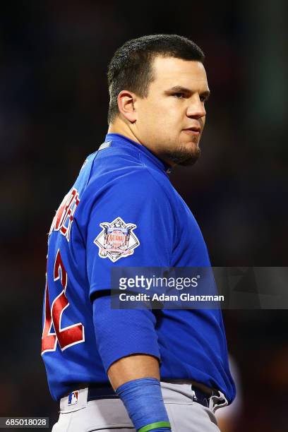 Kyle Schwarber of the Chicago Cubs looks on during a game against the Boston Red Sox at Fenway Park on April 30, 2017 in Boston, Massachusetts.