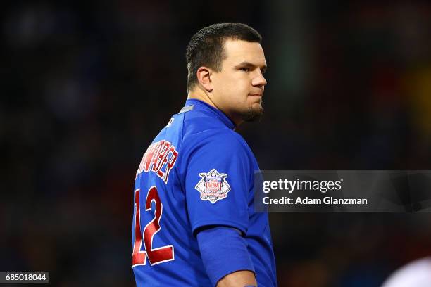 Kyle Schwarber of the Chicago Cubs looks on during a game against the Boston Red Sox at Fenway Park on April 30, 2017 in Boston, Massachusetts.