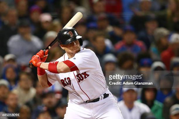 Christian Vazquez of the Boston Red Sox bats during a game against the Chicago Cubs at Fenway Park on April 30, 2017 in Boston, Massachusetts.