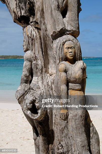 wooden tree sculpture, long bay, antigua, leeward islands, west indies, caribbean, central america - antigua leeward islands stockfoto's en -beelden