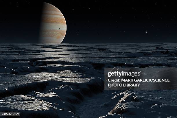 artwork of jupiter seen from europa - jupiter planet stock illustrations