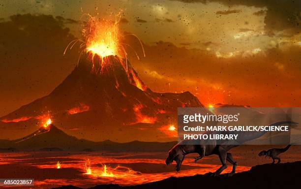 tyrannosaurs survey a volcanic landscape - prehistoric era stock illustrations