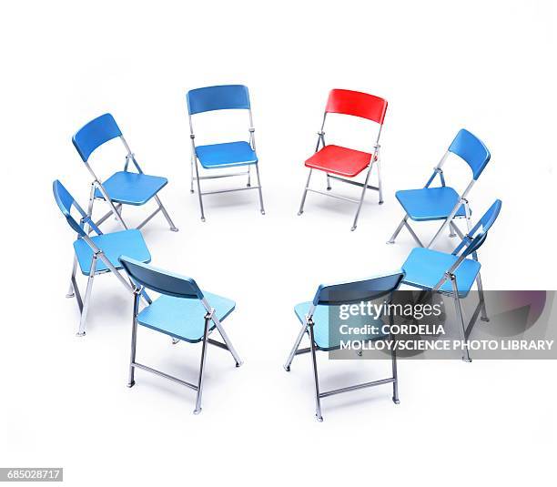 circle of blue chairs with one red chair - vorwurf stock-grafiken, -clipart, -cartoons und -symbole