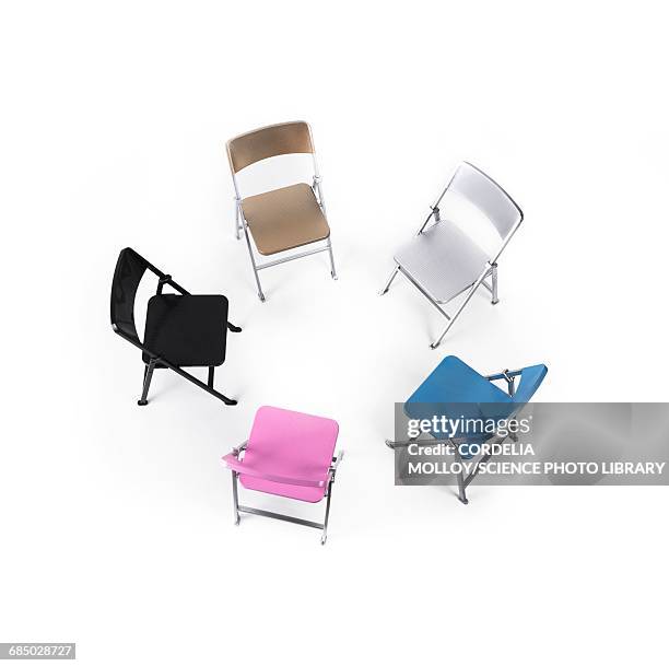 circle of chairs of different colours - schlichtung stock-grafiken, -clipart, -cartoons und -symbole