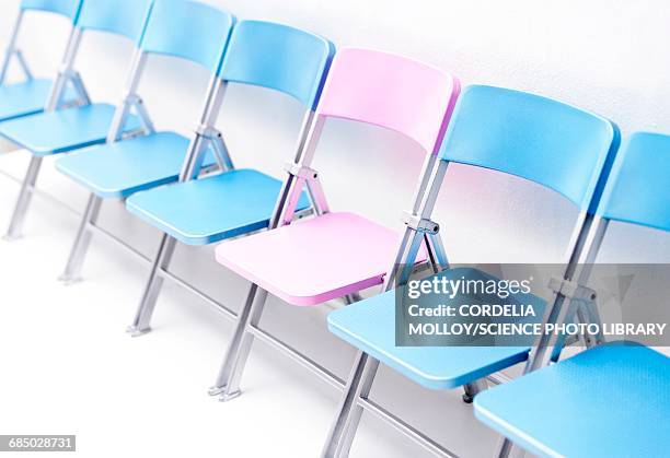 one pink chair in a row of blue chairs - zusammenklappbar stock-grafiken, -clipart, -cartoons und -symbole