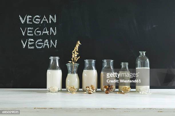 glass bottles of various vegan milks - soy milk bildbanksfoton och bilder