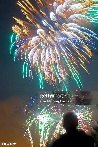 a man watching fireworks - man watching fire silhouette stock pictures, royalty-free photos & images