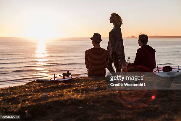 three friends enjoying sunset on the beach - three people silhouette stock pictures, royalty-free photos & images