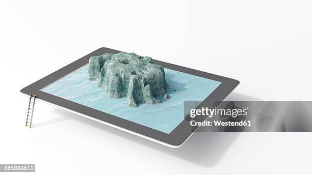 tablet with seascape, 3d rendering - tablet 3d stock-grafiken, -clipart, -cartoons und -symbole