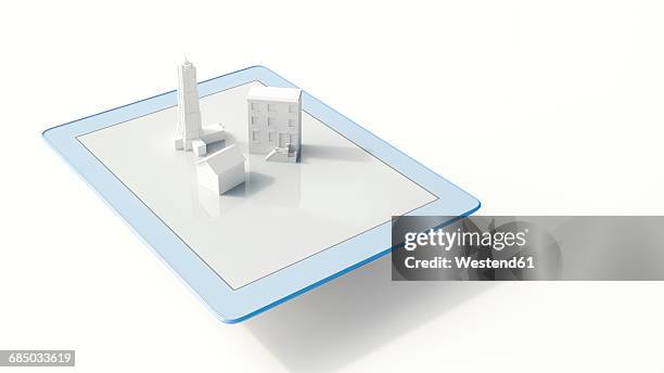 tablet with buildings, 3d rendering - tablet 3d stock-grafiken, -clipart, -cartoons und -symbole
