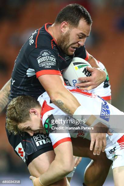 Bodene Thompson of the Warriors charges forward during the round 11 NRL match between the New Zealand Warriors and the St George Illawarra Dragons at...