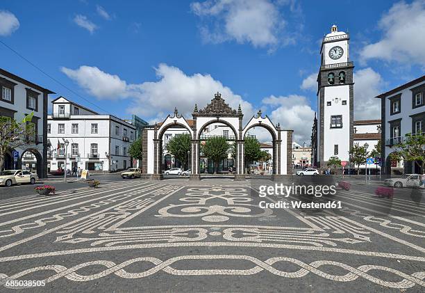 portugal, azores, sao miguel, ponta delgada, church of san sebastain and city gate - ponta delgada ストックフォトと画像