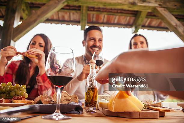 friends socializing at outdoor table with red wine and cold snack - eating cheese stockfoto's en -beelden