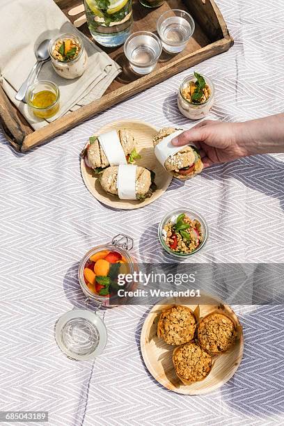 hand taking sandwich from picnic blanket with vegetarian snacks - brotzeit stock-fotos und bilder