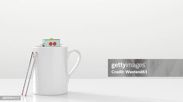 illustrazioni stock, clip art, cartoni animati e icone di tendenza di robot hiding in a mug, 3d rendering - nascondino