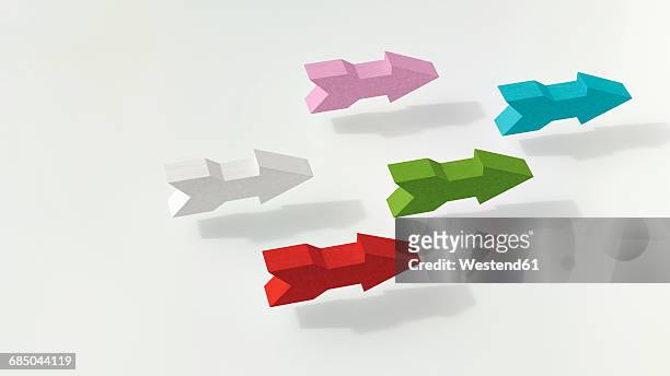 multicolored arrows pointing in same direction, 3d rendering - hovering stock illustrations