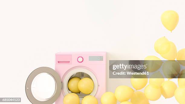 ilustraciones, imágenes clip art, dibujos animados e iconos de stock de yellow balloons emerging from washing machine, 3d rendering - lavadora