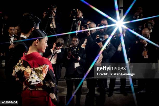 Takuya Kimura and Hana Sugisaki attend the 'Blade Of The Immortal ' premiere during the 70th annual Cannes Film Festival at on May 18, 2017 in...