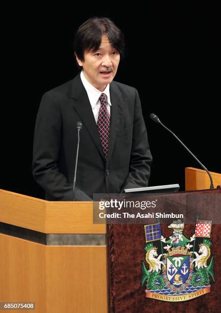 Prince Akishino addresses during the ceremony marking the 150th anniversary of the opening of Port of Kobe on May 19, 2017 in Kobe, Hyogo, Japan.