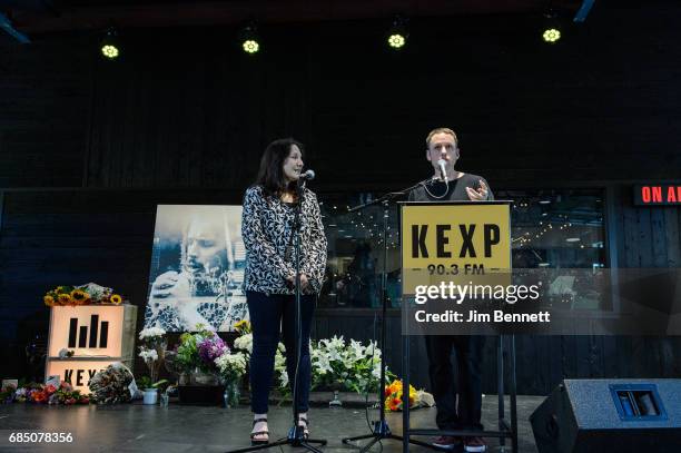 Radio station KEXP's DJ's Cheryl Waters and John Richards speak to a gathered crowd and live on-air at a memorial for Chris Cornell in the station's...