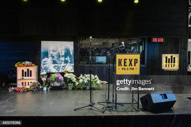 Flowers laid by fans at a memorial event held for Chris Cornell adorn the stage at radio station KEXP's gathering space on May 18, 2017 in Seattle,...