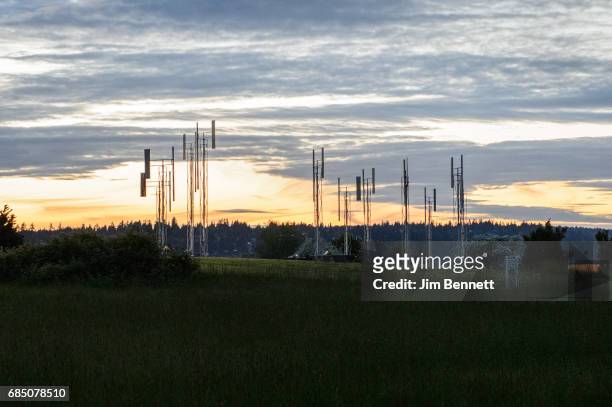 The Soundgarden sculpture is visible against the sky from Magnuson Park at sunset where fans of Chris Cornell gathered on May 18, 2017 in Seattle,...