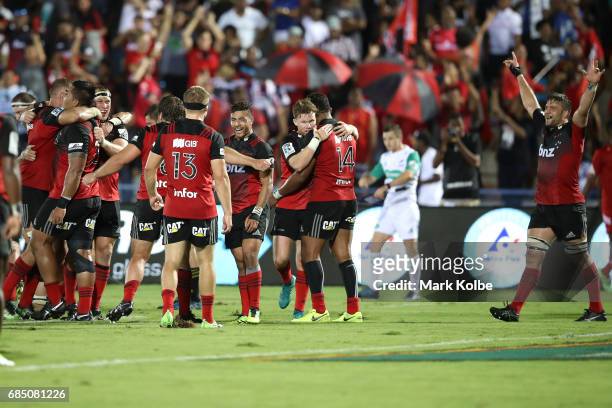 The Crusaders celebrate victory during the round 13 Super Rugby match between the Chiefs and the Crusaders at ANZ Stadium on May 19, 2017 in Suva,...