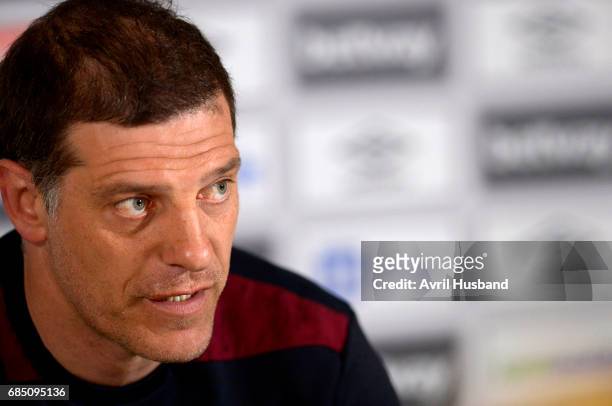 Slaven Bilic of West Ham United answers questions posed from the Media during his Press Conference at Rush Green on May 19, 2017 in Romford, England.