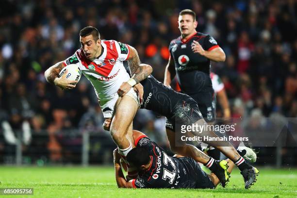Paul Vaughan of the Dragons charges forward during the round 11 NRL match between the New Zealand Warriors and the St George Illawarra Dragons at...