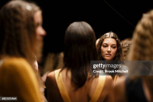 Models wait backstage before the Alice McCall show at Mercedes-Benz Fashion Week - Weekend Edition at Carriageworks on May 19, 2017 in Sydney,...