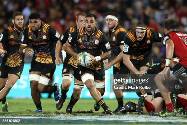 Liam Messam of the Chiefs runs the ball during the round 13 Super Rugby match between the Chiefs and the Crusaders at ANZ Stadium on May 19, 2017 in...