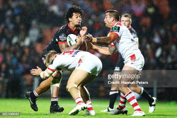 James Gavet of the Warriors charges forward during the round 11 NRL match between the New Zealand Warriors and the St George Illawarra Dragons at...
