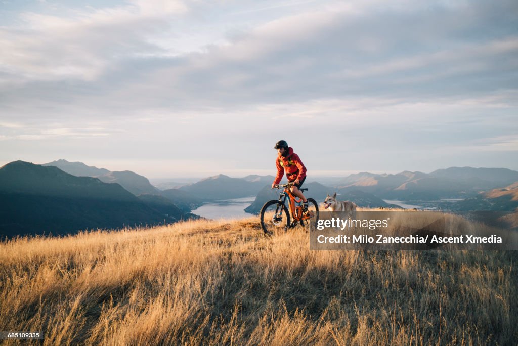 Mountain biker ascends mountain ridge, with dog