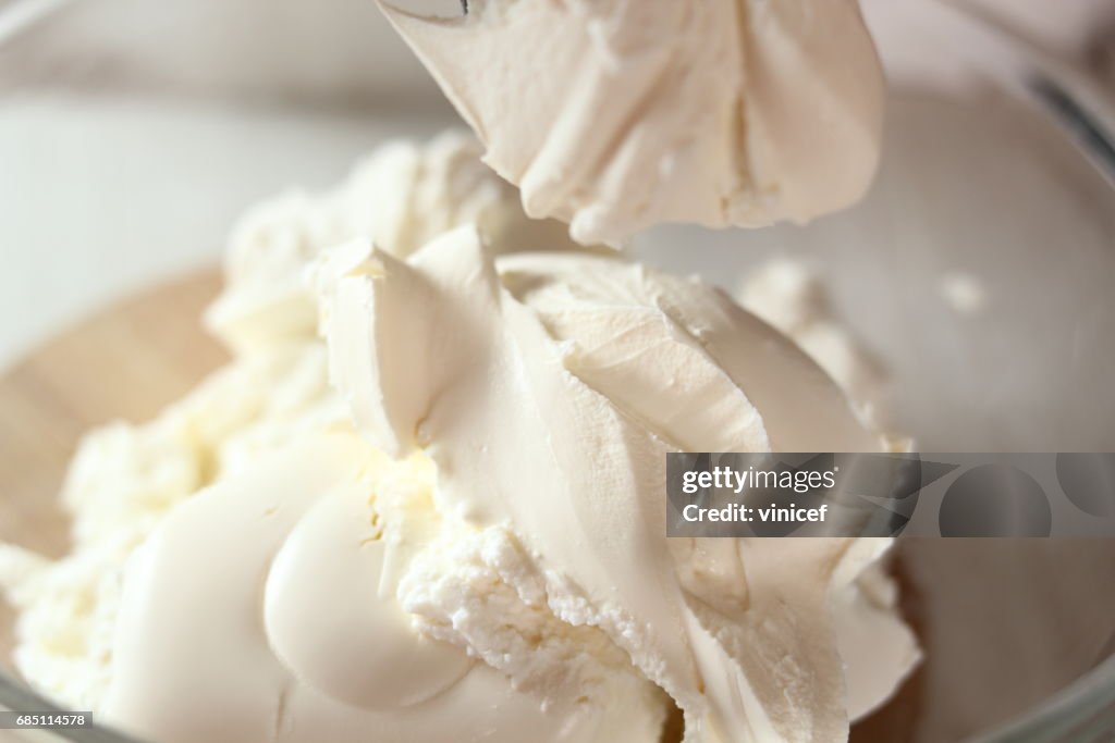 Transfer Mascarpone into bowl. Making frozen strawberry cheesecake series.