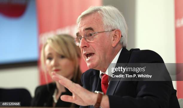 Labour's Shadow Chancellor John McDonnell talks at press conference outlining the party's opposition to Conservative policy which they say woud...