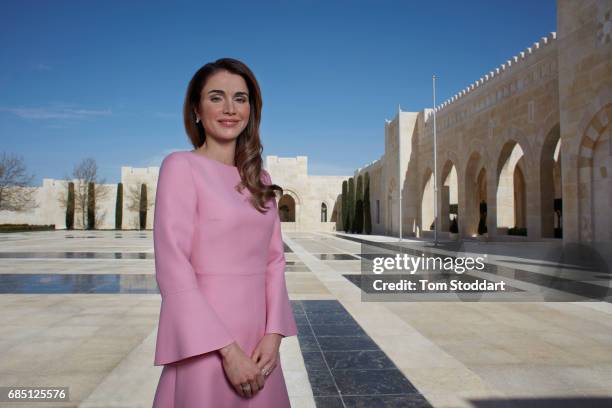 Her Majesty Queen Rania Al Abdullah of Jordan is photographed at the Al Husseiniya Palace in Amman, Jordan.