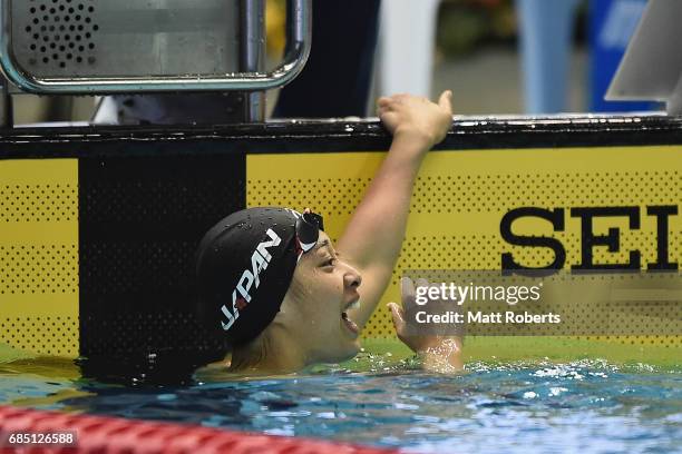 Satomi Suzuki of Japan reacts in 100m Breaststroke Final during the Japan Open 2017 at Tokyo Tatsumi International Swimming Pool on May 19, 2017 in...