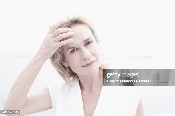 Actor Sandrine Bonnaire is photographed on May 18, 2017 in Cannes at Majestic Beach, France.