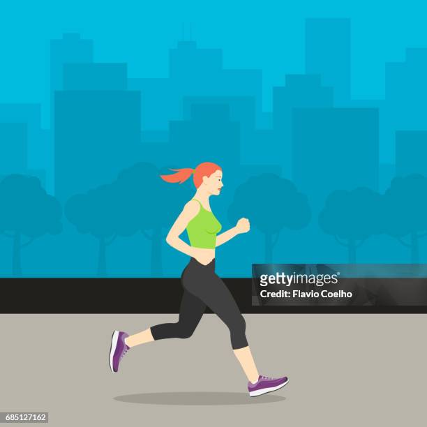 young woman jogging with cityscape on the background - woman exercising stock illustrations
