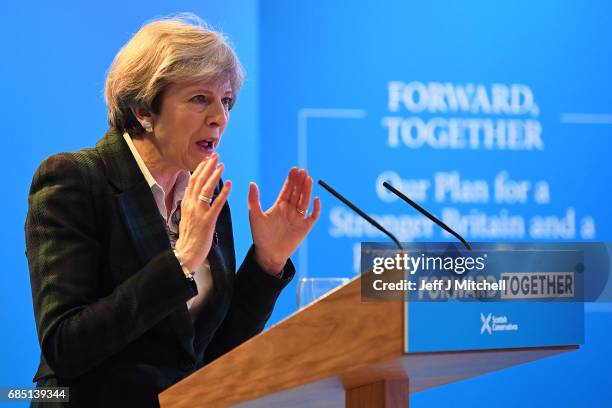 Britains's Prime Minister Theresa May gives a speech at the launch of the Scottish manifesto on May 19, 2017 in Edinburgh, Scotland. The Scottish...