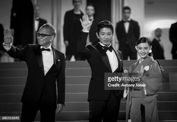 Director Takashi Miike, Takuya Kimura and Hana Sugisaki attend the 'Blade Of The Immortal ' premiere during the 70th annual Cannes Film Festival at...