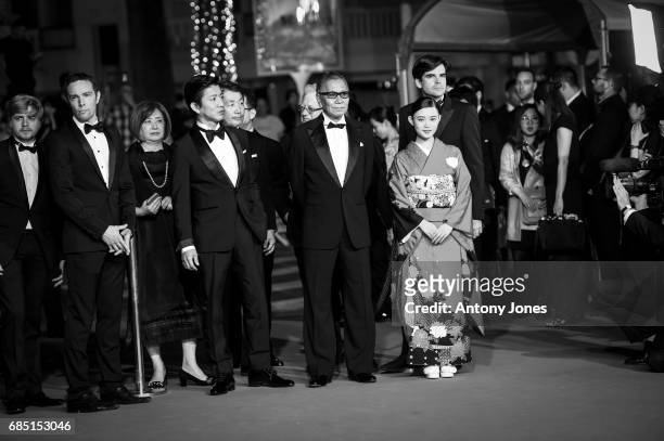 Takuya Kimura, director Takashi Miike and Hana Sugisaki attend the 'Blade Of The Immortal ' premiere during the 70th annual Cannes Film Festival at...