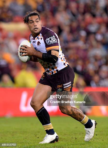 Adam Blair of the Broncos looks to pass during the round 11 NRL match between the Brisbane Broncos and the Wests Tigers at Suncorp Stadium on May 19,...