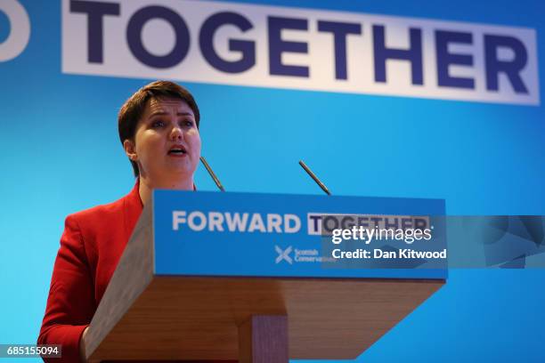 Scottish Conservative leader Ruth Davidson gives a speech as she launches the Scottish manifesto on May 19, 2017 in Edinburgh, Scotland. The Scottish...